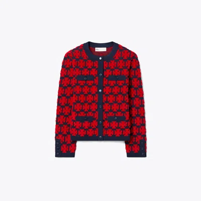 Tory Burch Kendra Bouclé Cardigan In Maraschino Red/medium Navy