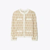 Tory Burch Short Embroidered Knit Cardigan In Beige