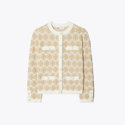 Tory Burch Short Embroidered Knit Cardigan In Soft White/fine Sand