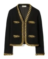 Tory Burch Kendra Chain-embellished Waffle-knit Cardigan In Black
