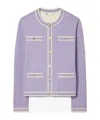 Tory Burch Merino Wool Year Of The Snake Kendra Cardigan In Bright Lavender/ivory White