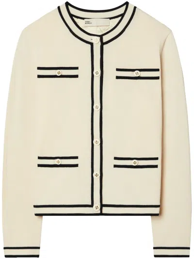 Tory Burch Contrasting Striped Wool Cardigan In Neutral