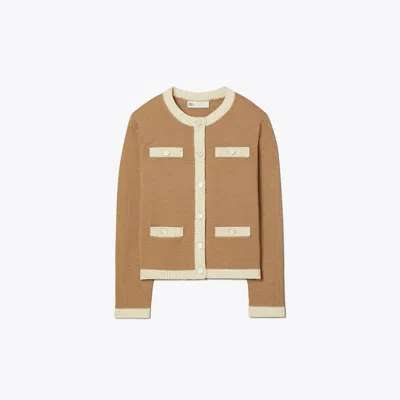 Tory Burch Kendra Chunky Wool Trim Cardigan In Brown