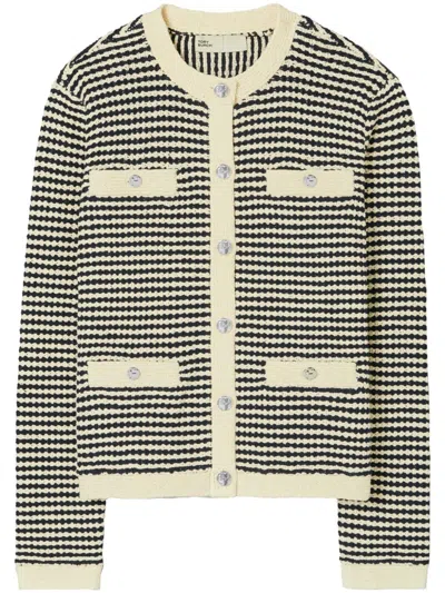 Tory Burch Kendra Contrasting-trim Striped Cardigan In Blanco