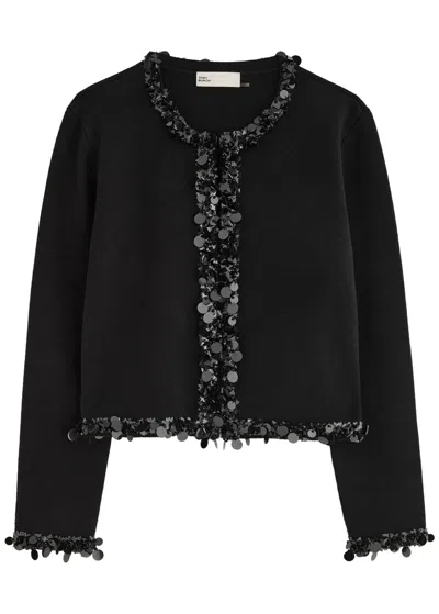 Tory Burch Kendra Embellished Wool-blend Cardigan In Black
