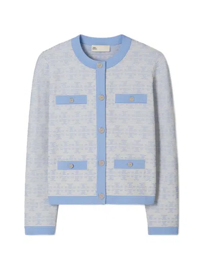 Tory Burch Kendra Monogram-pattern Cardigan In Blue
