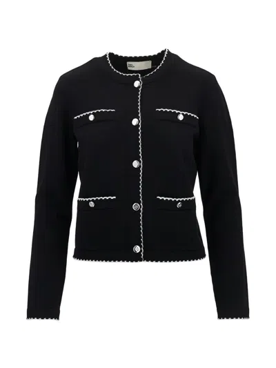 Tory Burch Kendra Cardigan Round Neck Patch Pockets In Black