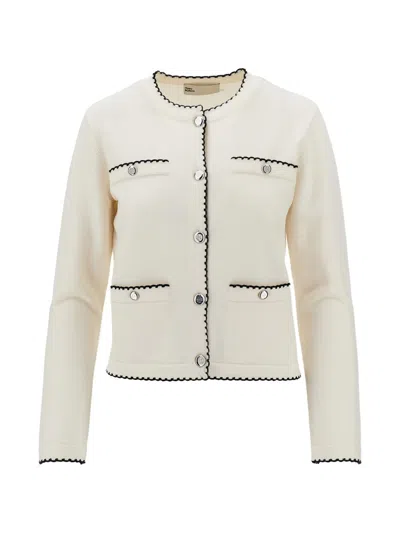 Tory Burch Kendra Cardigan Scallop Trim Round Neck In Neutral