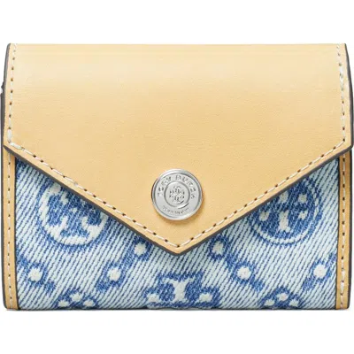 Tory Burch Key Item T Monogram Denim & Leather Wallet In Brown