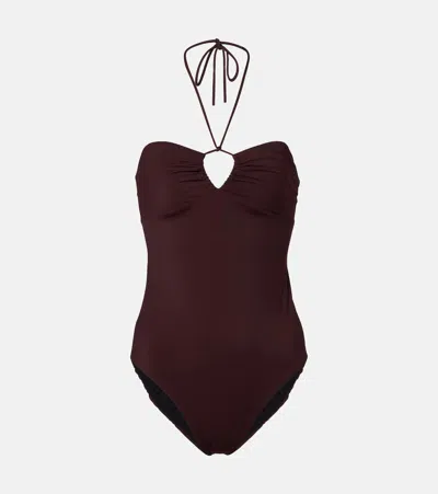 Tory Burch Keyhole Halterneck Swimsuit In Brown