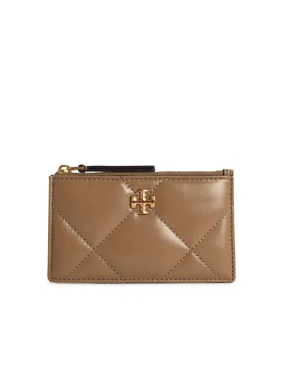 Tory Burch Quilted Leather Card Holder Gold-tone Hardware In Beige