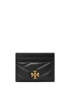 TORY BURCH KIRA' BLACK CARD-HOLDER WITH DOUBLE T DETAIL IN MATELASSÉ CHEVRON LEATHER