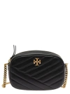 TORY BURCH KIRA' BLACK CROSSBODY BAG WITH DOUBLE T DETAIL IN CHEVRON LEATHER