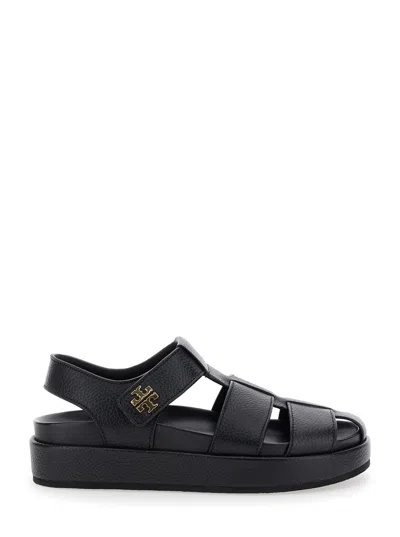 Tory Burch Kira Black Sandals With Logo Plaque In Grained Leather Woman