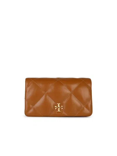 Tory Burch Kira Logo Plaque Diamond Quilt Chain Wallet In Brown
