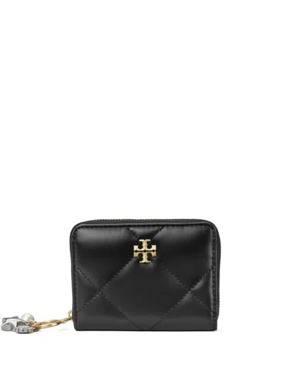 Tory Burch Small Kira Charm Diamond Quilted Leather Zip Wallet In Nero