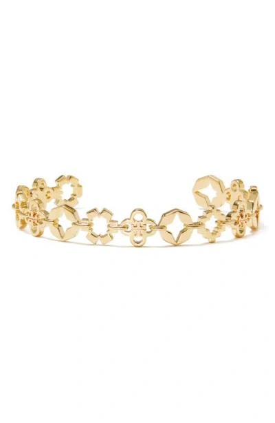 Tory Burch Kira Clover Mixed Logo Cuff Bracelet In Tory Gold