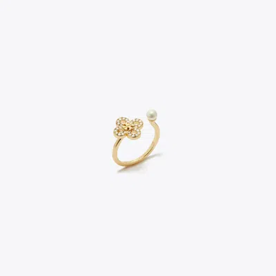 Tory Burch Kira Clover Pave Ring In Tory Gold/pearl/crystal