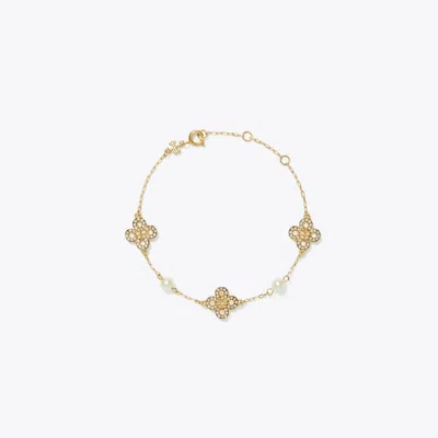 Tory Burch Kira Clover Pearl Bracelet In Tory Gold/pearl/crystal