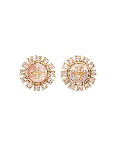 Tory Burch Kira Crystal & Mother Of Pearl Double T Stud Earrings In Multi