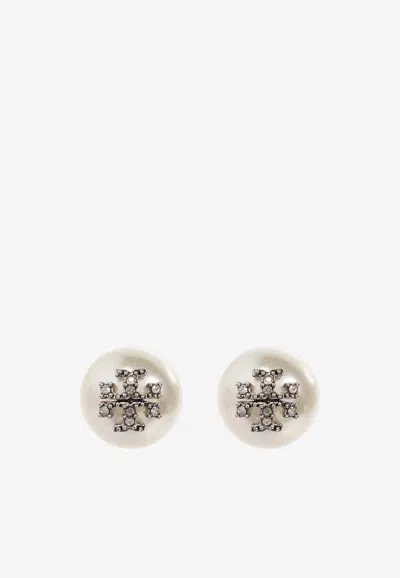 Tory Burch Kira Crystal-logo Pearl Earrings In White