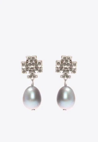 Tory Burch Kira Crystal Paved Pearl Drop Earrings In Silver