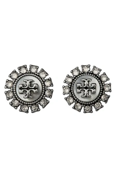 Tory Burch Kira Crystal Stud Earrings In Antique Pewter/mop/crystal
