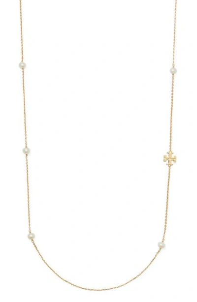 Tory Burch Kira Cultured Pearl & Logo Station Necklace In Tory Gold/pearl