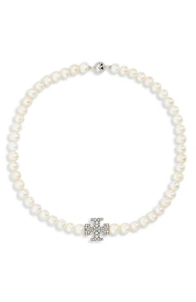 Tory Burch Kira Cultured Pearl Necklace In Tory Silver/pearl/crystal