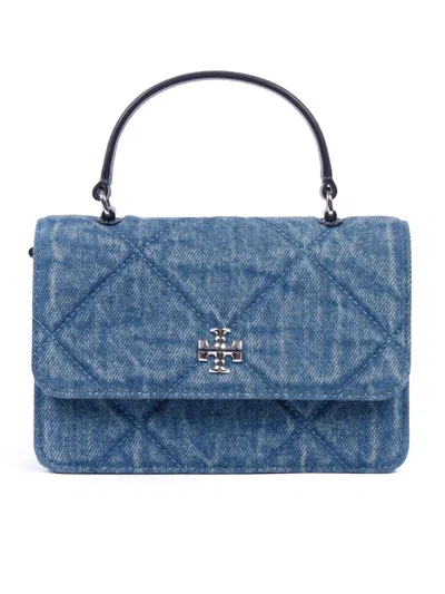 Tory Burch Kira Diamond Quilt Denim Mini Top Handle Chain Wallet In Blue