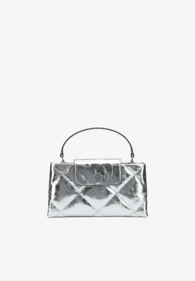 Tory Burch Kira Diamond Quilt Metallic Leather Handbag In Silver