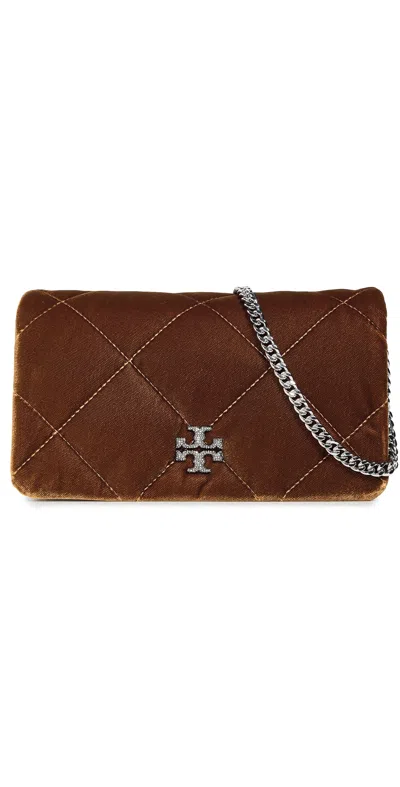 Tory Burch Kira Diamond Quilt Velvet Chain Wallet Warm Honey In Brown