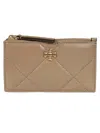 Tory Burch Beige Diamond-quilted Card Holder With Double T Logo Plaque On The Front In Leather Woman In Brown