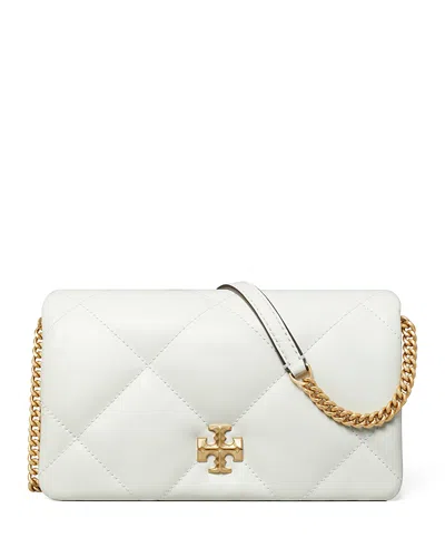 Tory Burch Kira Diamond Quilted Leather Wallet On A Chain In Blanc/gold