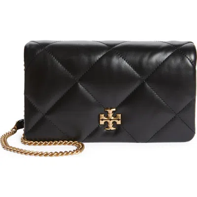 Tory Burch Kira Diamond Quilted Leather Wallet On A Chain In Black