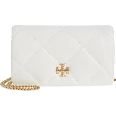 Tory Burch Kira Diamond Quilted Leather Wallet On A Chain In Blanc/gold