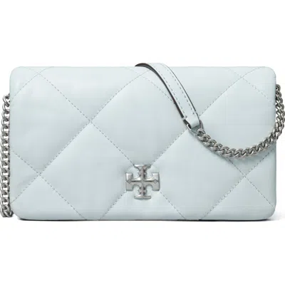 Tory Burch Kira Diamond Quilted Leather Wallet On A Chain In Ice Blue