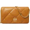 Tory Burch Kira Diamond Quilted Leather Wallet On A Chain In Tan