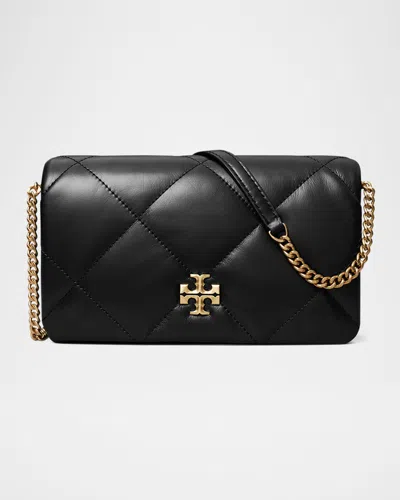 Tory Burch Kira Diamond Quilted Leather Wallet On Chain In Black