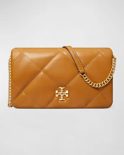 Tory Burch Kira Diamond Quilted Leather Wallet On A Chain In Tan
