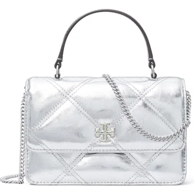 Tory Burch Kira Diamond Quilted Metallic Leather Crossbody Bag In Silver