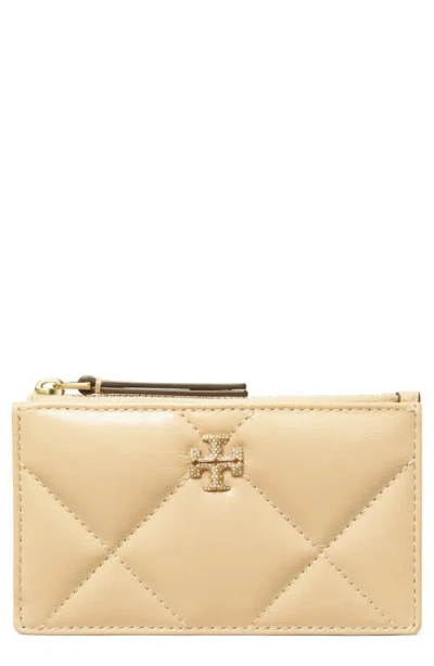 Tory Burch Kira Diamond Quilted Pavé Logo Leather Zip Card Case In Beige