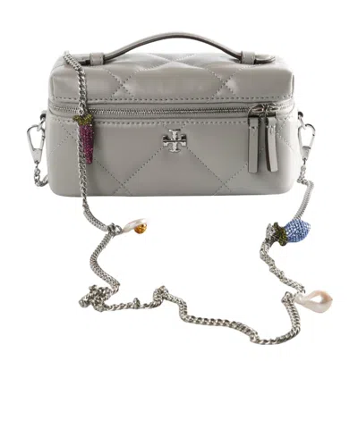 Tory Burch Kira Quilted Embellished-chain Cross-body Bag In Gray