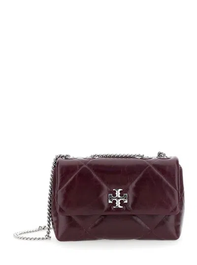 TORY BURCH 'KIRA DIAMOND' BORDEAUX QUILTED SHOULDER BAG WITH CHAIN-LINK SHOULDER STRAP AND LOGO PLAQUE ON THE F