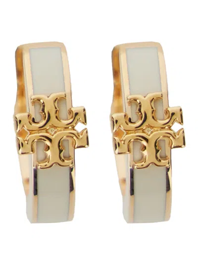 Tory Burch Kira Double T Hoop Earrings In Brass With Enamel & Cubic Zirconia For Pierced Lobes In Metallic