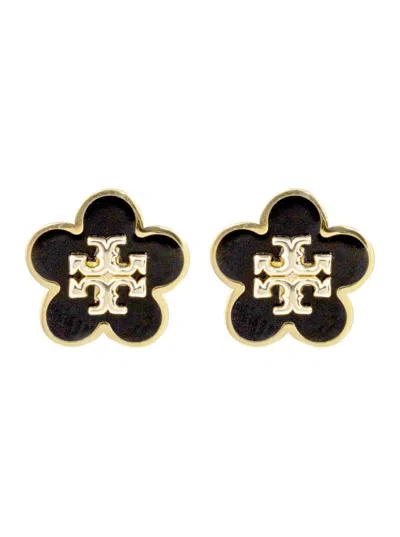 TORY BURCH 'KIRA' METALLIC EARINGS WITH FLOWER DESIGN AND EMBOSSED LOGO IN BRASS BLEND WOMAN