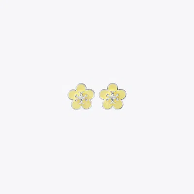 Tory Burch Kira Enamel Flower Stud Earring In Light Silver/yellow