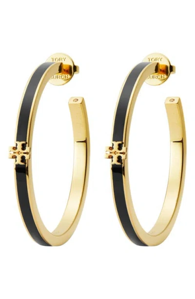 Tory Burch Kira Logo Color Inlay Hoop Earrings In 18k Gold Plated In Black