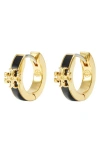 Tory Burch 'kira' Metallic Huggie Hoop Earings With Double T Motif In Black