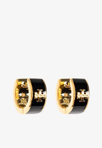 Tory Burch Kira Enamel Huggie Hoop Earrings In Black